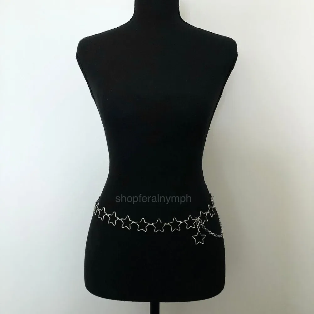 Vintage Y2K Cyber Star Silver Chain Belt, Fits 20.5–39.5 Inches, X7GA1177